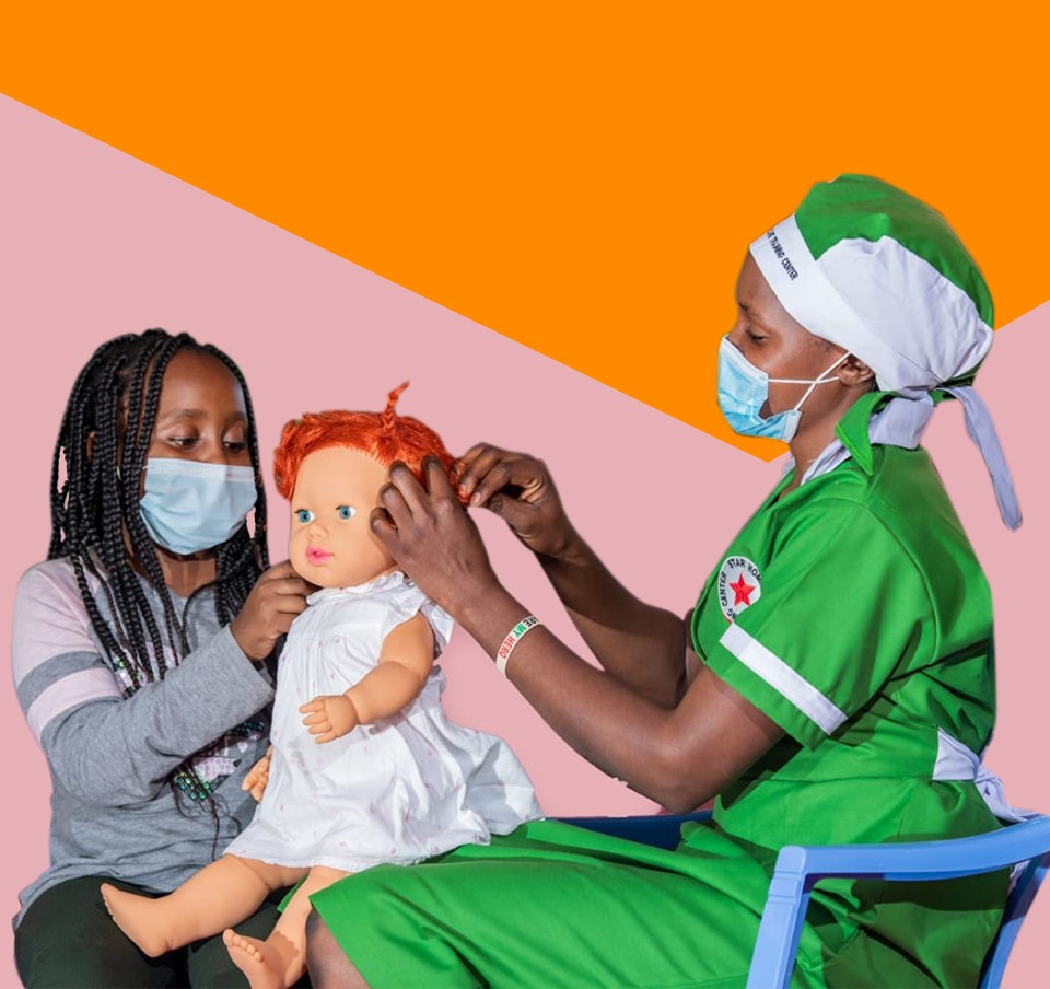 Star househelps caregiver guiding a child during playtime care training